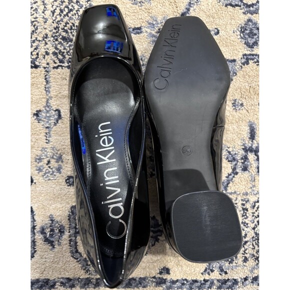 CALVIN KLEIN Square Toe Block Heel Dress Pump Women 8.5M Black Shiny Black Heel - Picture 4 of 7